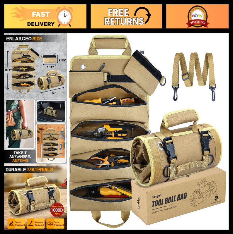 Heavy Duty Roll Up Tool Bag, Durable Organizer with 2 Detachable Pouches, Khaki