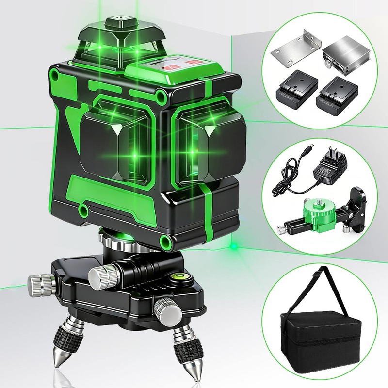 4D Laser Level 360° Self-Leveling Cross Line 12 Lines Rechargeable w/ 2 Battery