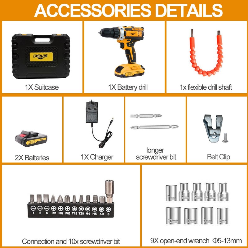 24V Cordless Drill Set Electric Power Drill 34Pcs with 3/8 Inch Keyless Chuck gallery