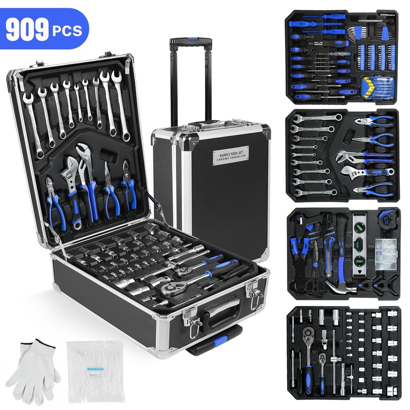 Tool Set Mechanics Tool Kit 909 PCS Wrenches Socket with Trolley Case Box Silver