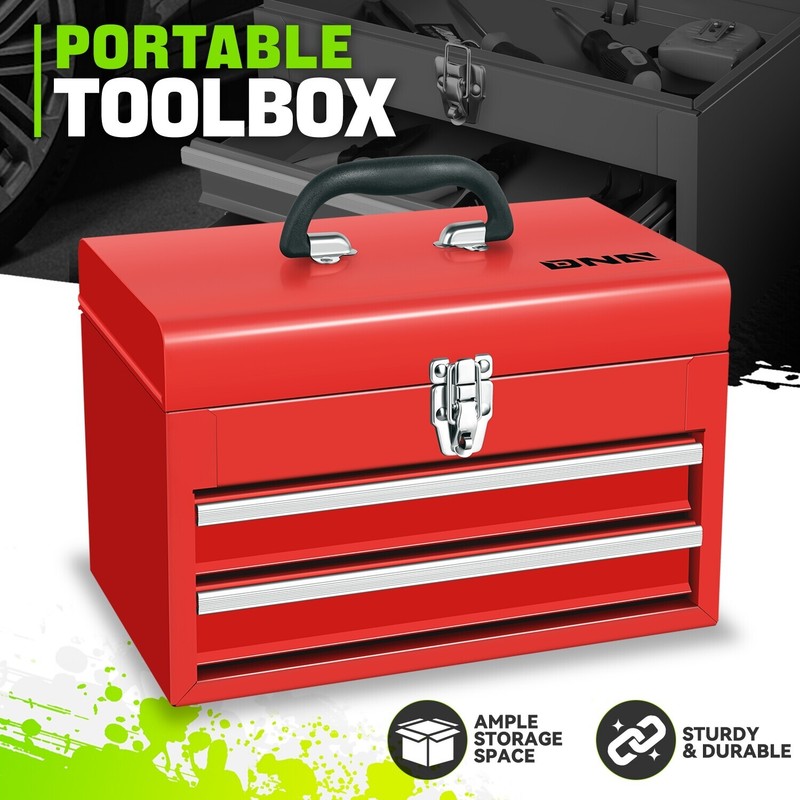 2 Drawer 14″ Steel Portable Tool Box Top Storage Toolbox w/Lockable Metal Latche