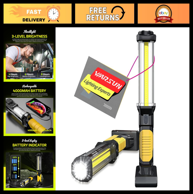 Rechargeable COB LED Work Light – Magnetic Hands-Free, IPX4 Waterproof, Emergenc