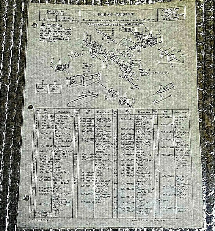 3/31/89 Poulan Chainsaw Parts List Model 2300AV 2300CVA 2350 CVA FREE SHIPPING