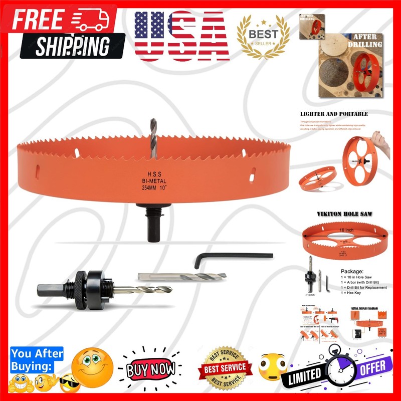 10 Inch Hole Saw with Arbor for Metal Wood Plastic, 10 in Bi-Metal Hole Cutte…